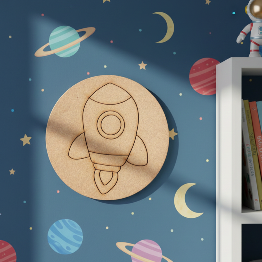 Unpainted round MDF pre-marked rocket base for DIY kids painting and craft.