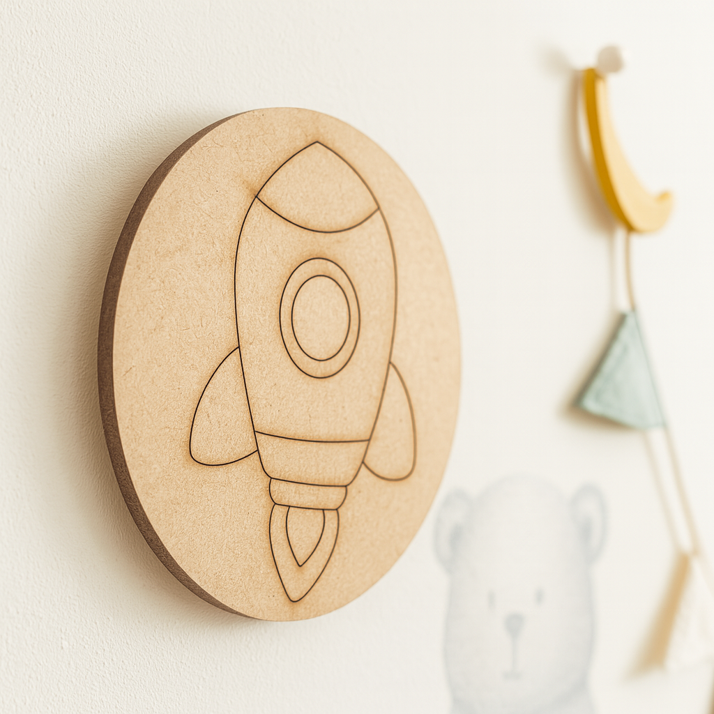 Unpainted round MDF pre-marked rocket base for DIY kids painting and craft.