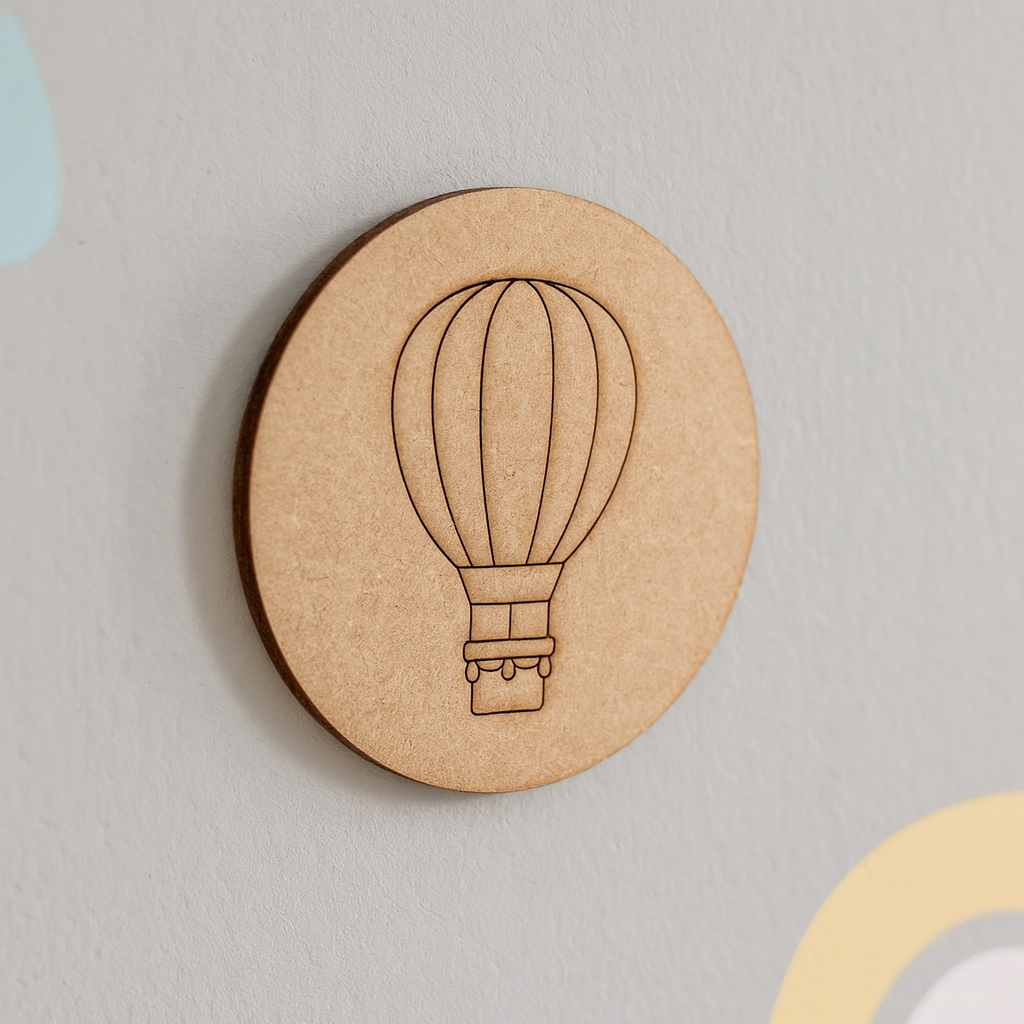 Unpainted round MDF pre-marked hot air balloon base for DIY kids painting and craft.