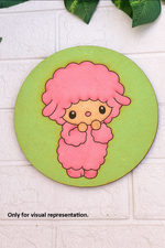 Round MDF pre-marked base with cute cartoon sheep painted in bright colors for kids DIY craft.