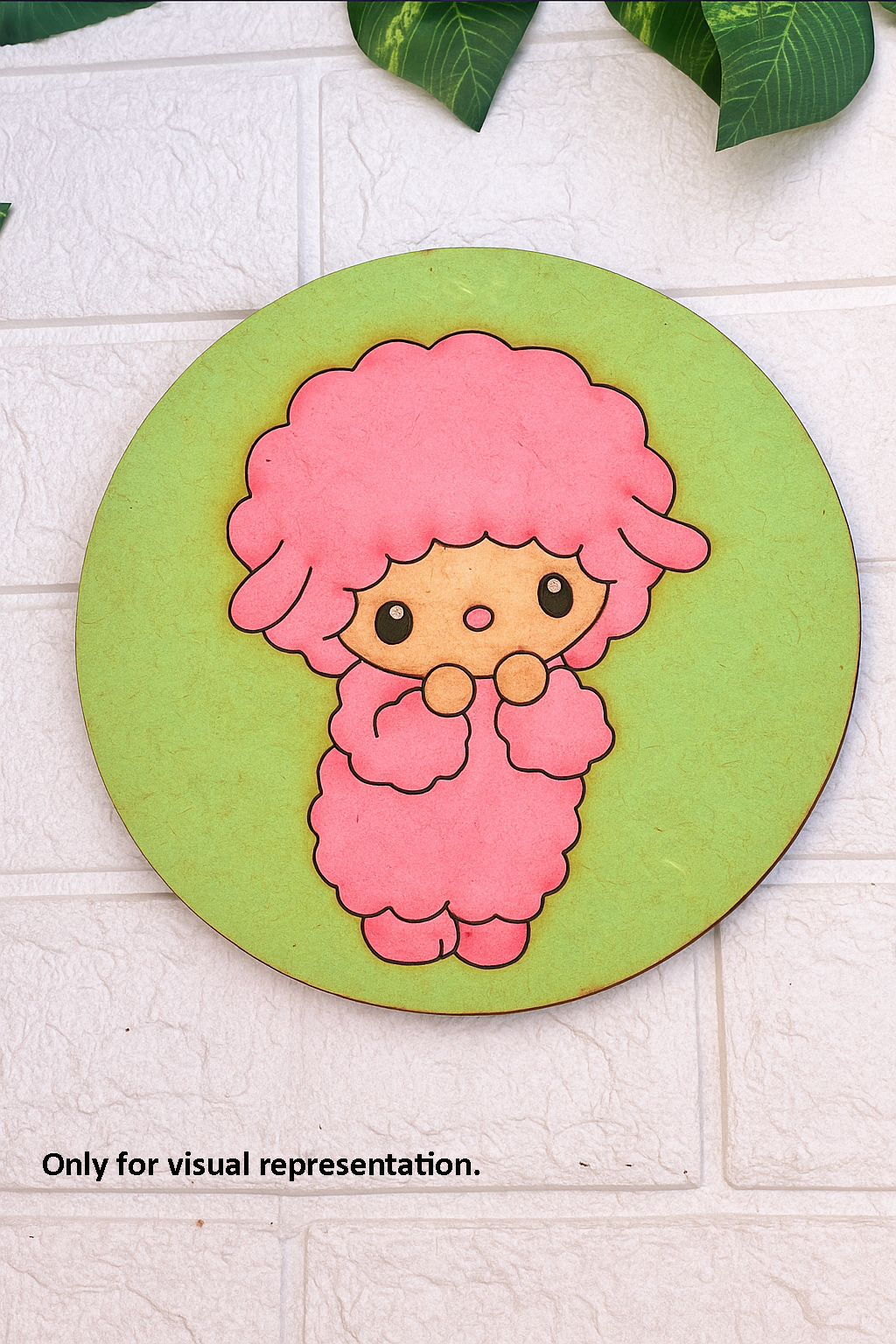 Round MDF pre-marked base with cute cartoon sheep painted in bright colors for kids DIY craft.