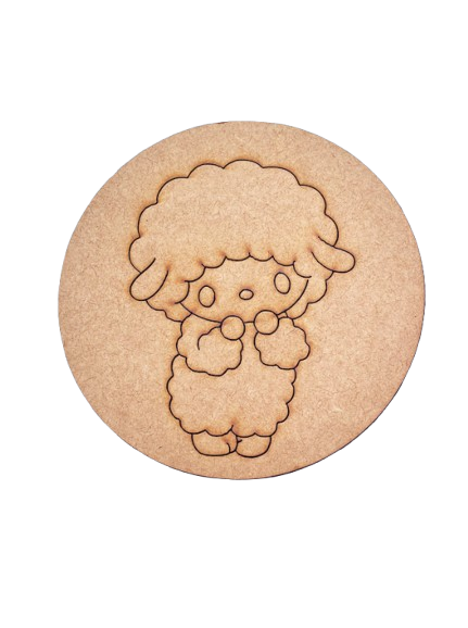 Unpainted round MDF pre-marked sheep base for DIY kids painting and craft.