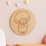Unpainted round MDF pre-marked sheep base for DIY kids painting and craft.