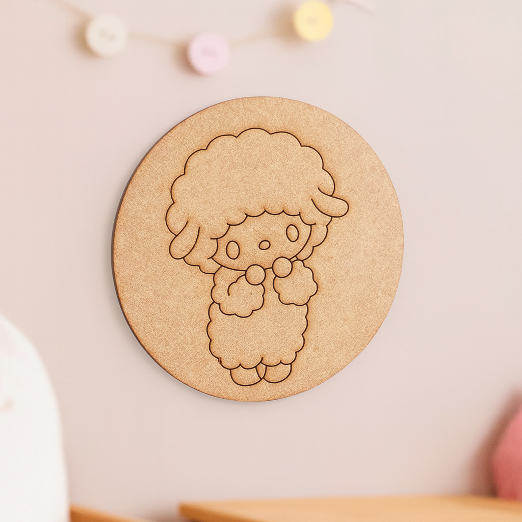 Unpainted round MDF pre-marked sheep base for DIY kids painting and craft.