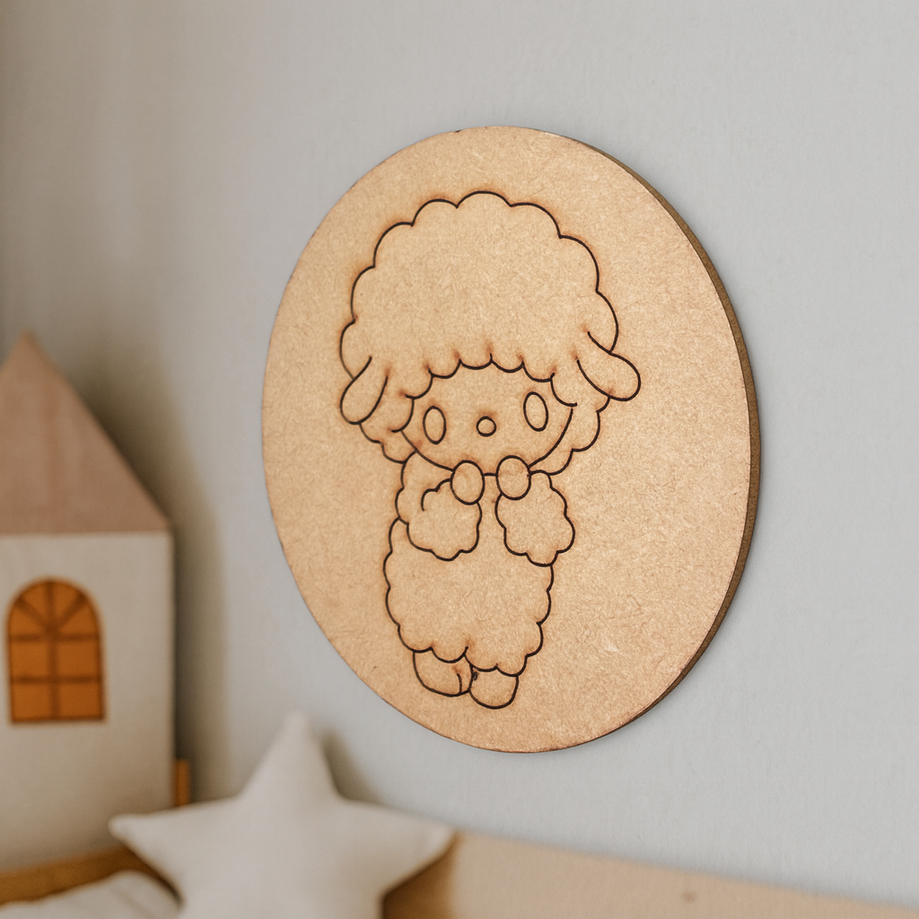 Unpainted round MDF pre-marked sheep base for DIY kids painting and craft.