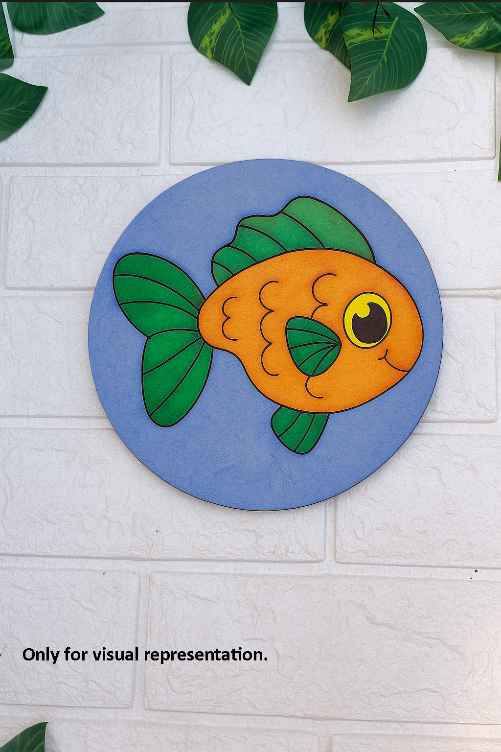 Round MDF pre-marked base with cute cartoon fish painted in bright colors for kids craft.