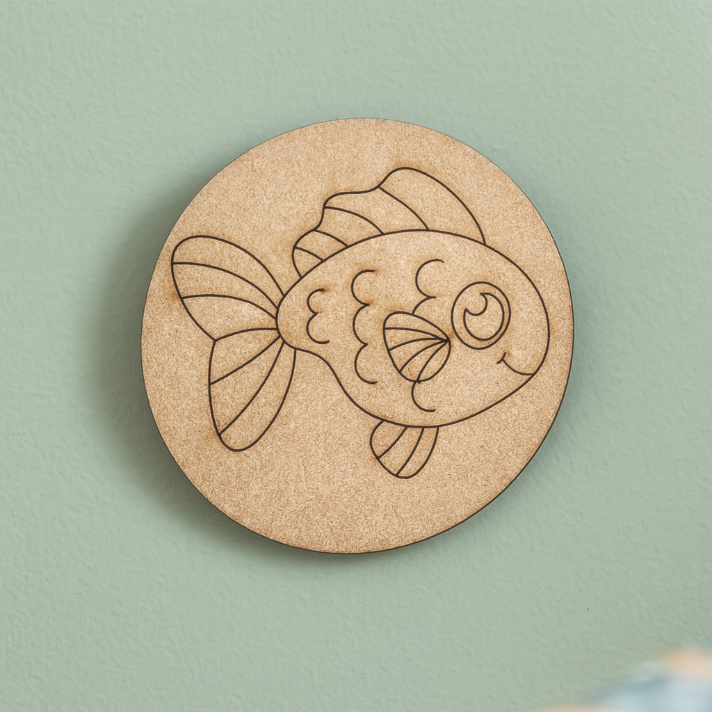 Unpainted round MDF pre-marked fish base for DIY kids painting and craft.