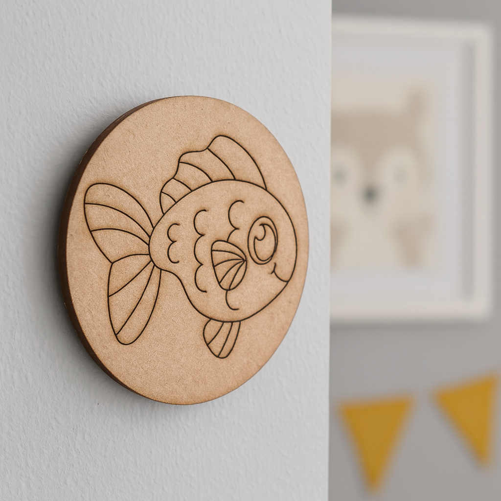 Unpainted round MDF pre-marked fish base for DIY kids painting and craft.
