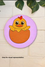 Round MDF pre-marked base with cute chick hatching from egg, painted in bright colors for kids craft.