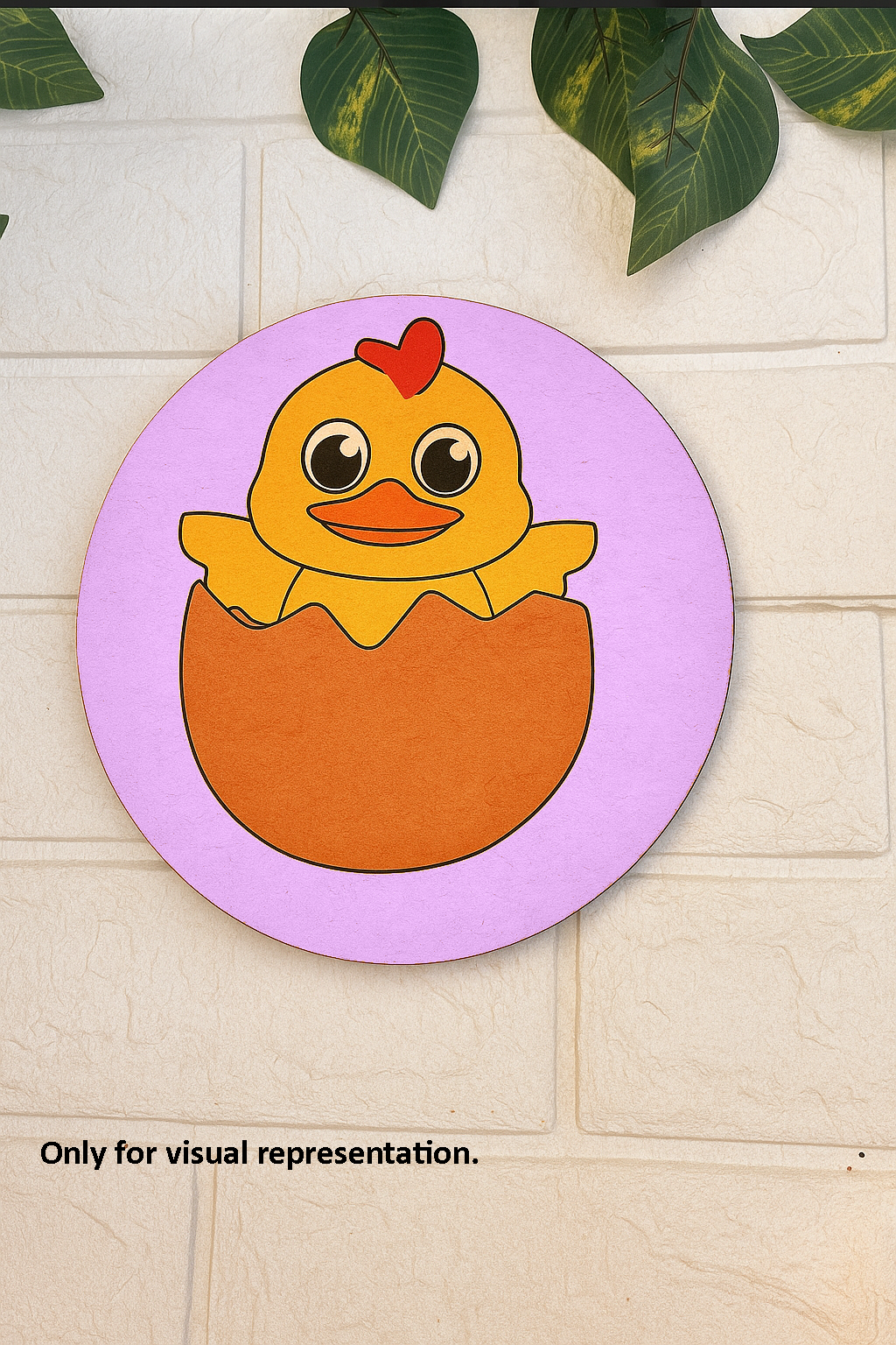 Round MDF pre-marked base with cute chick hatching from egg, painted in bright colors for kids craft.