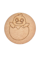 Unpainted round MDF pre-marked chick in egg base for DIY kids painting and craft
