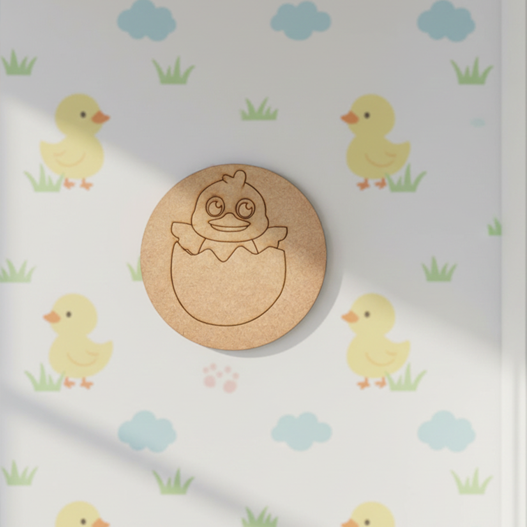 Unpainted round MDF pre-marked chick in egg base for DIY kids painting and craft.
