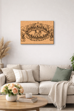 Living room with a beige sofa, wooden coffee table, and decorative MDF DIY wall art.
