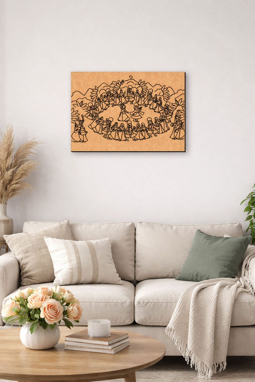 Living room with a beige sofa, wooden coffee table, and decorative MDF DIY wall art.