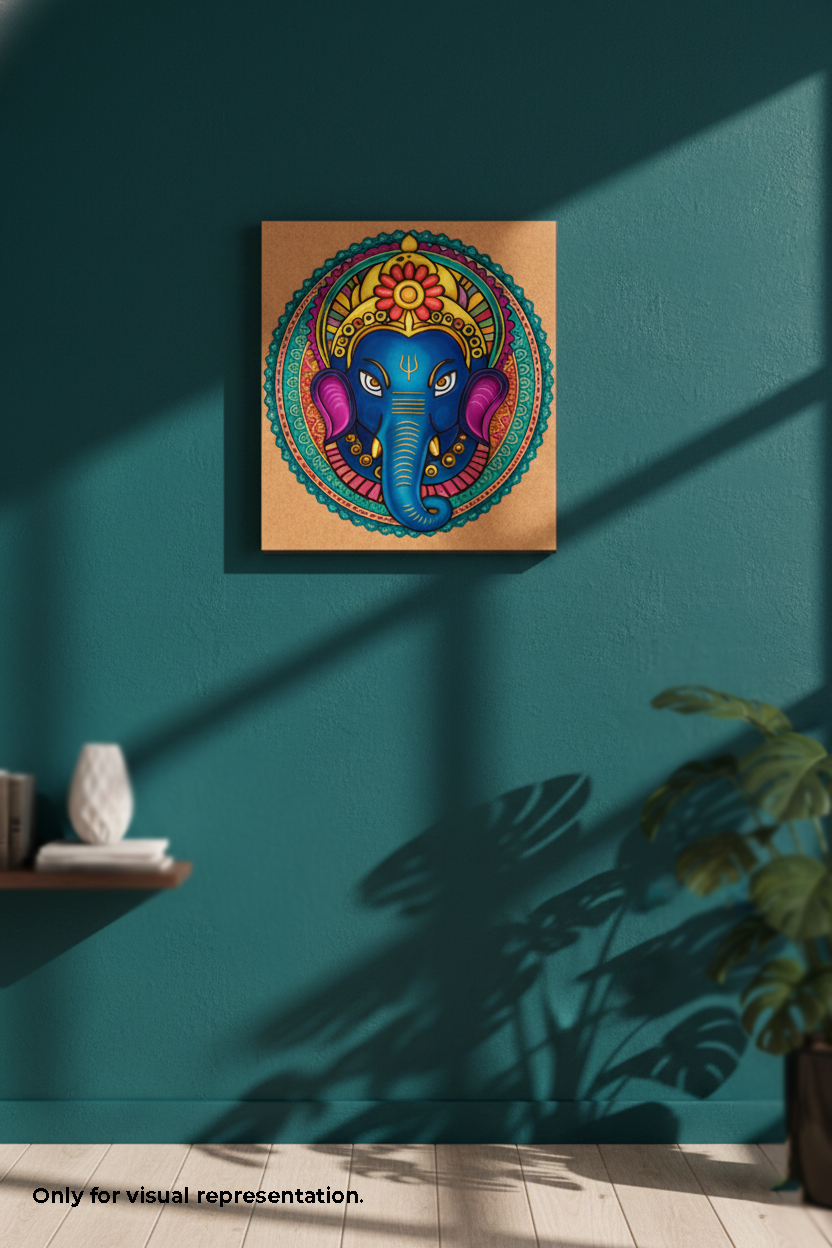 MDF DIY Colorful elephant artwork on a teal wall with a plant and shelf in the background.
