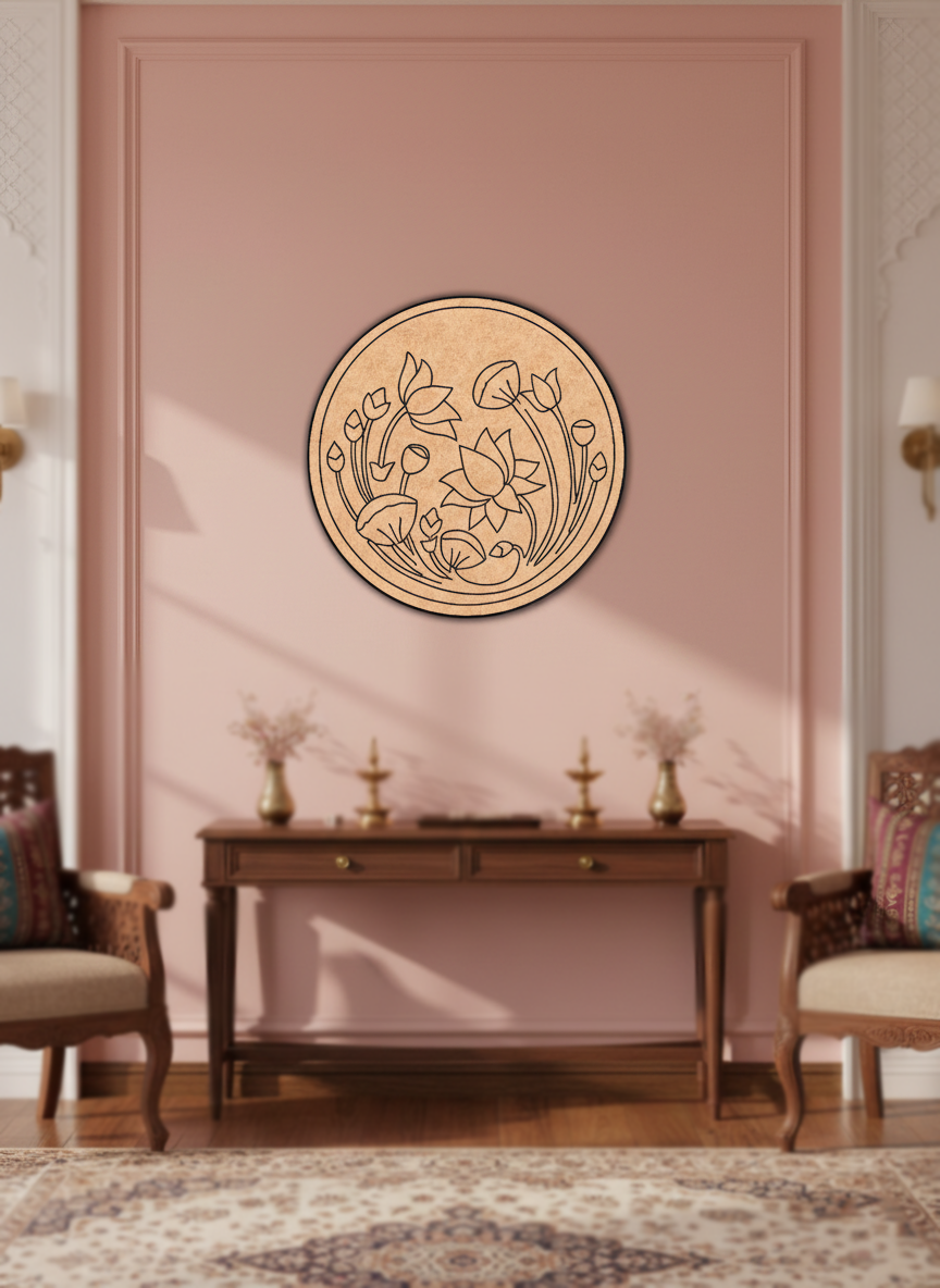 Decorative  DIY MDF wall art with floral design on a pink wall, with furniture and decor items below.
