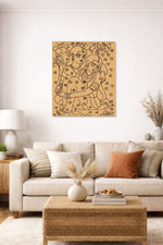 Sofa with decorative pillows and a MDF DIY wall art piece in a living room setting.