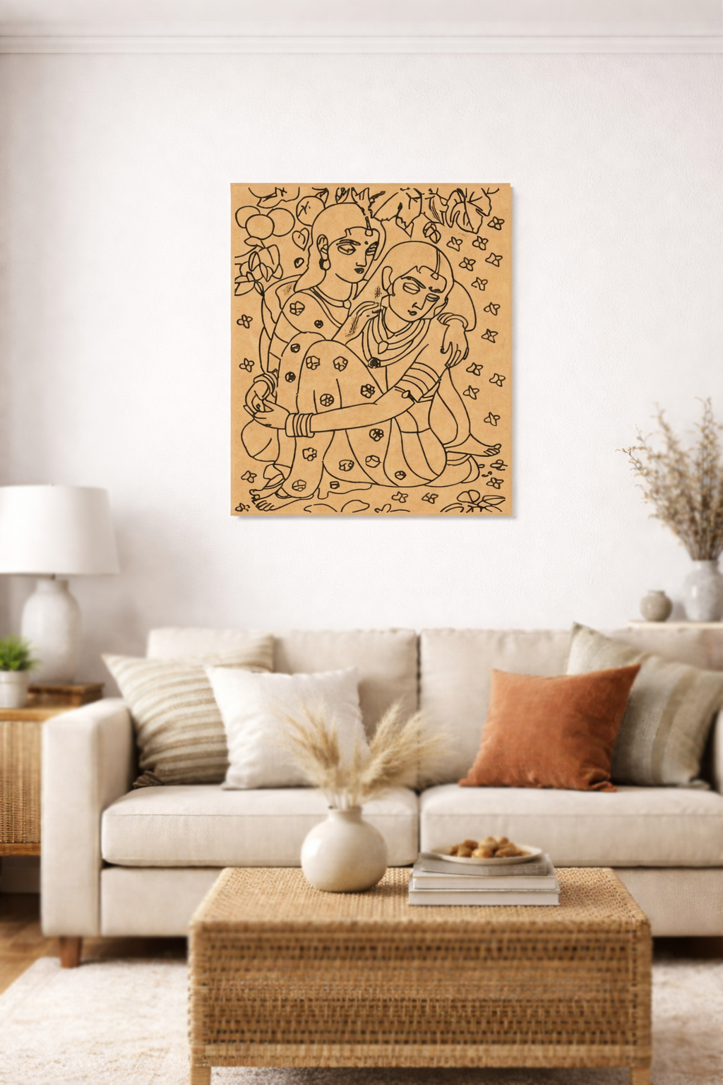 Sofa with decorative pillows and a MDF DIY wall art piece in a living room setting.