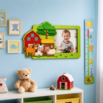 Children's room with a MDF DIY  photo frame featuring farm animals, a teddy bear, and a growth chart on a blue wall.