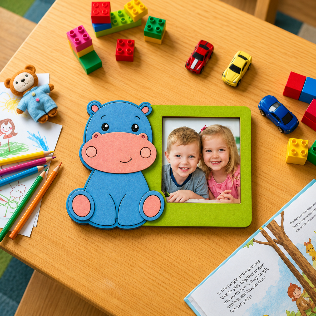 MDF DIY  Hippo-shaped photo frame with children's picture on a wooden table with toys and stationery.