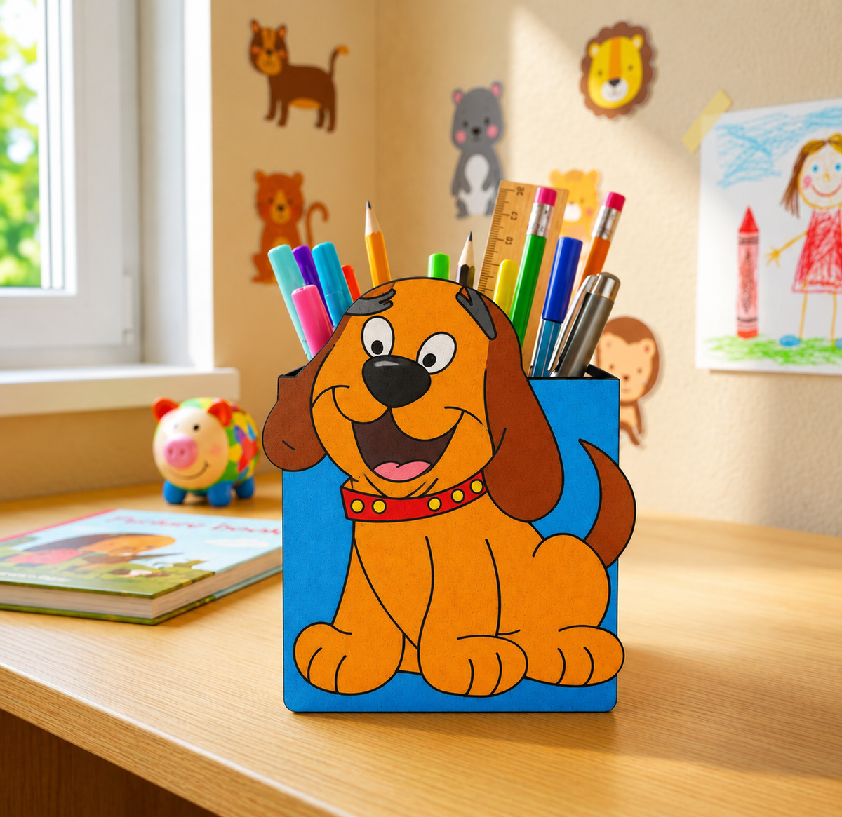 MDF DIY Pencil holder shaped like a cartoon dog on a child's desk with stationery items.