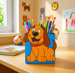 MDF DIY Pencil holder shaped like a cartoon dog on a child's desk with stationery items.