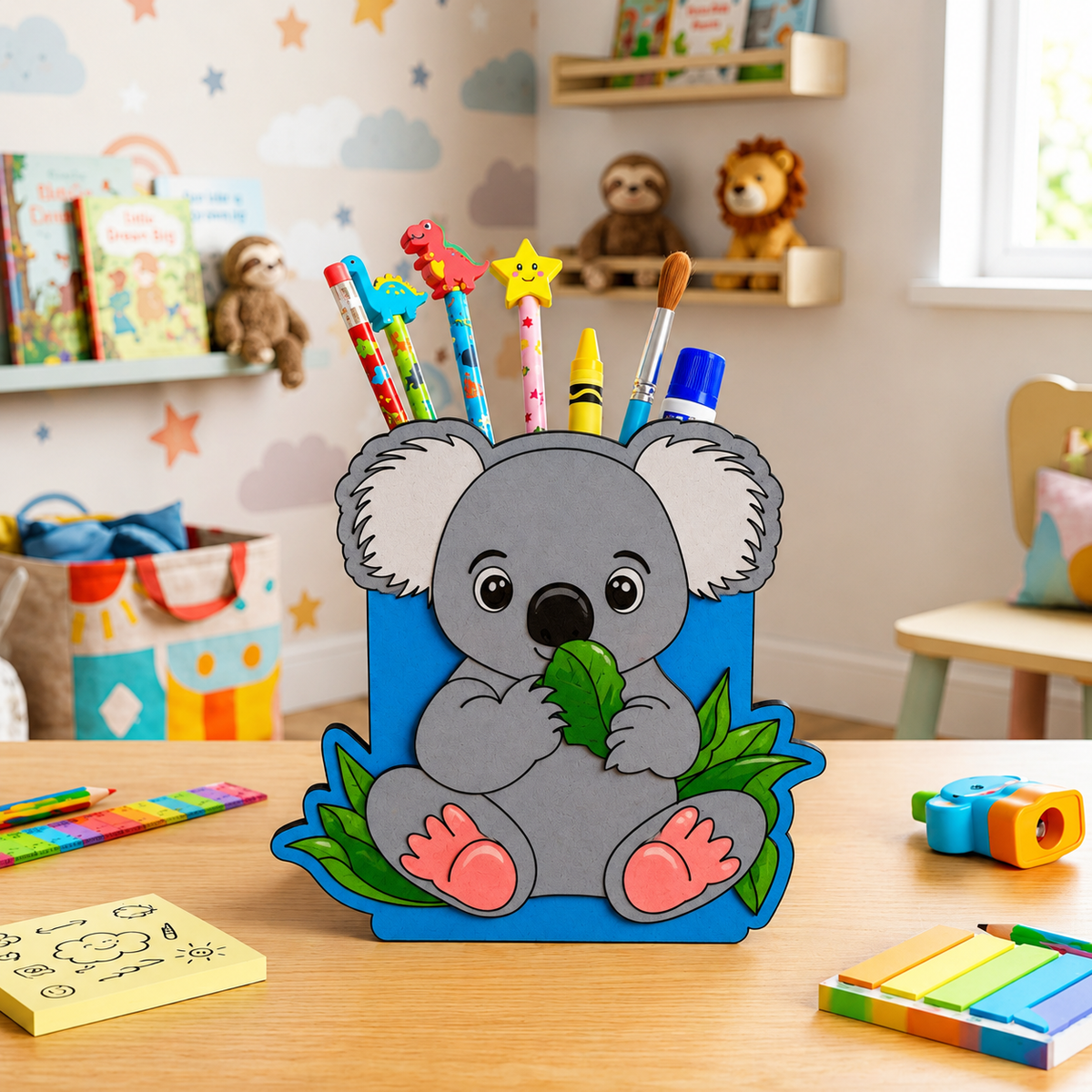 MDF DIY  Pencil holder shaped like a koala with colorful pens and pencils in a child's room.
