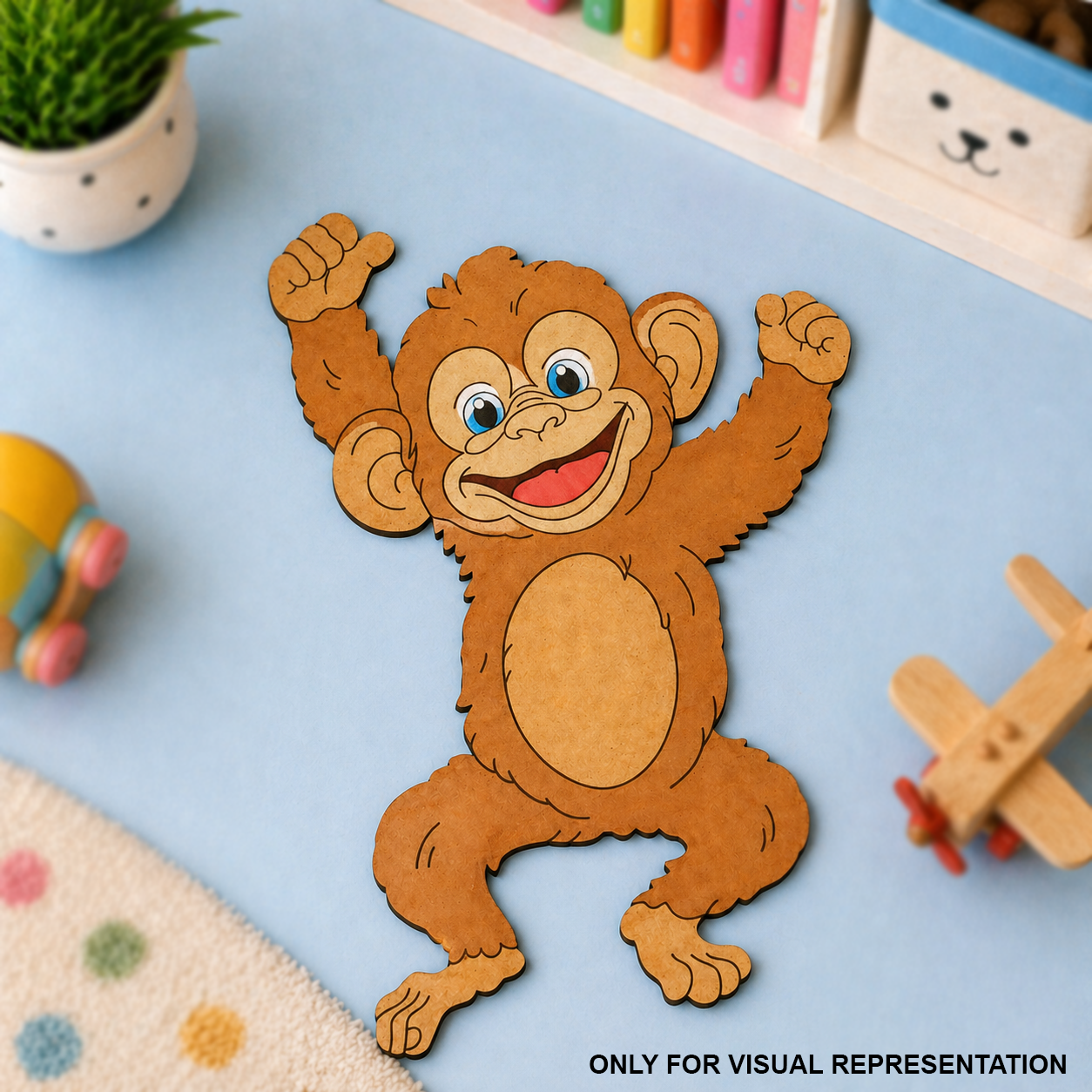 Wooden monkey toy on a light blue surface with toys and a plant in the background