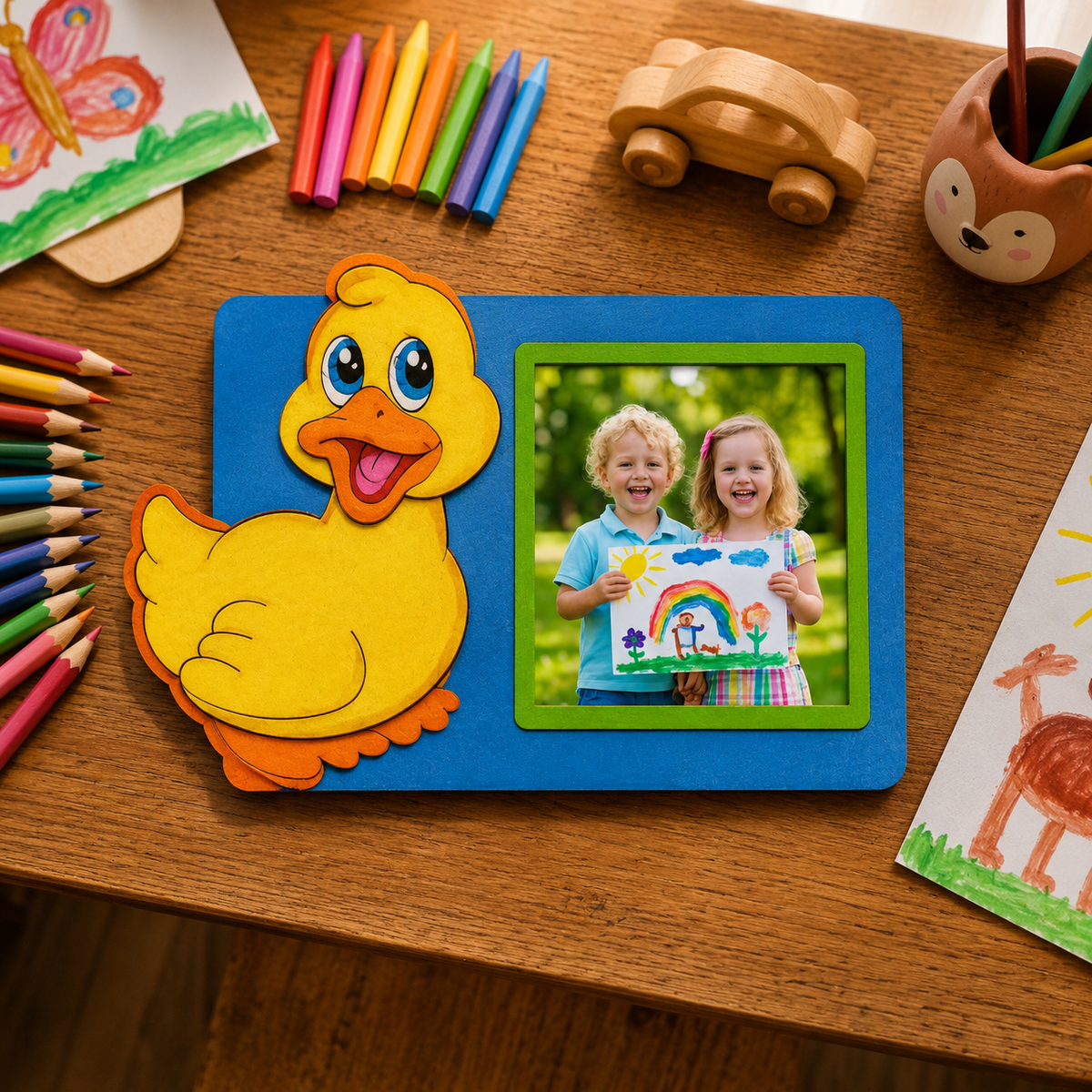Children's craft project with a MDF DIY  yellow duck cutout and photo of two children holding a rainbow drawing on a wooden table.