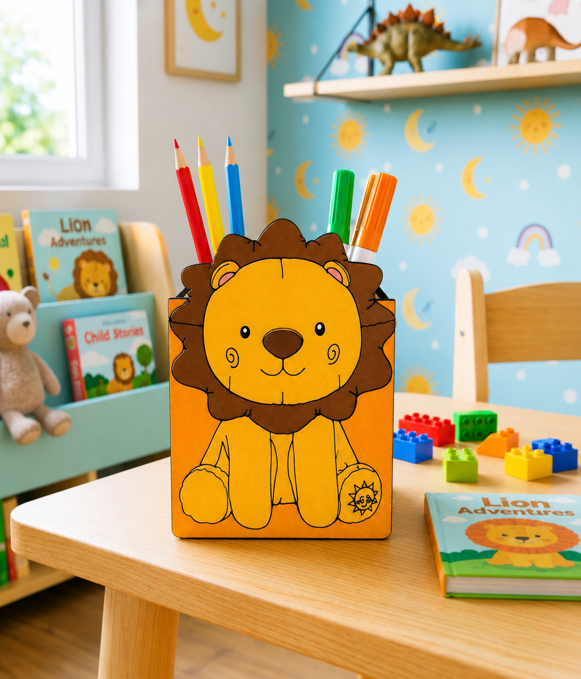 MDF DIY  Lion-themed pencil holder with colorful markers on a table in a child's room.
