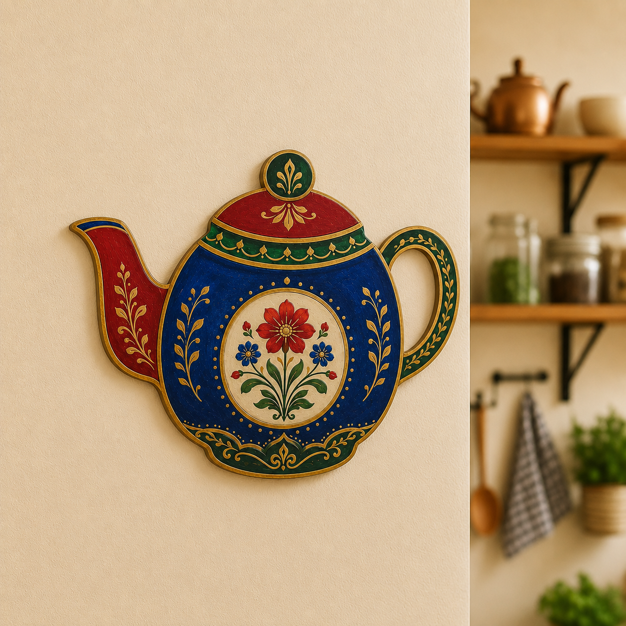 Colorful teapot-shaped MDF wall art with floral folk design mounted on a warm beige kitchen wall.