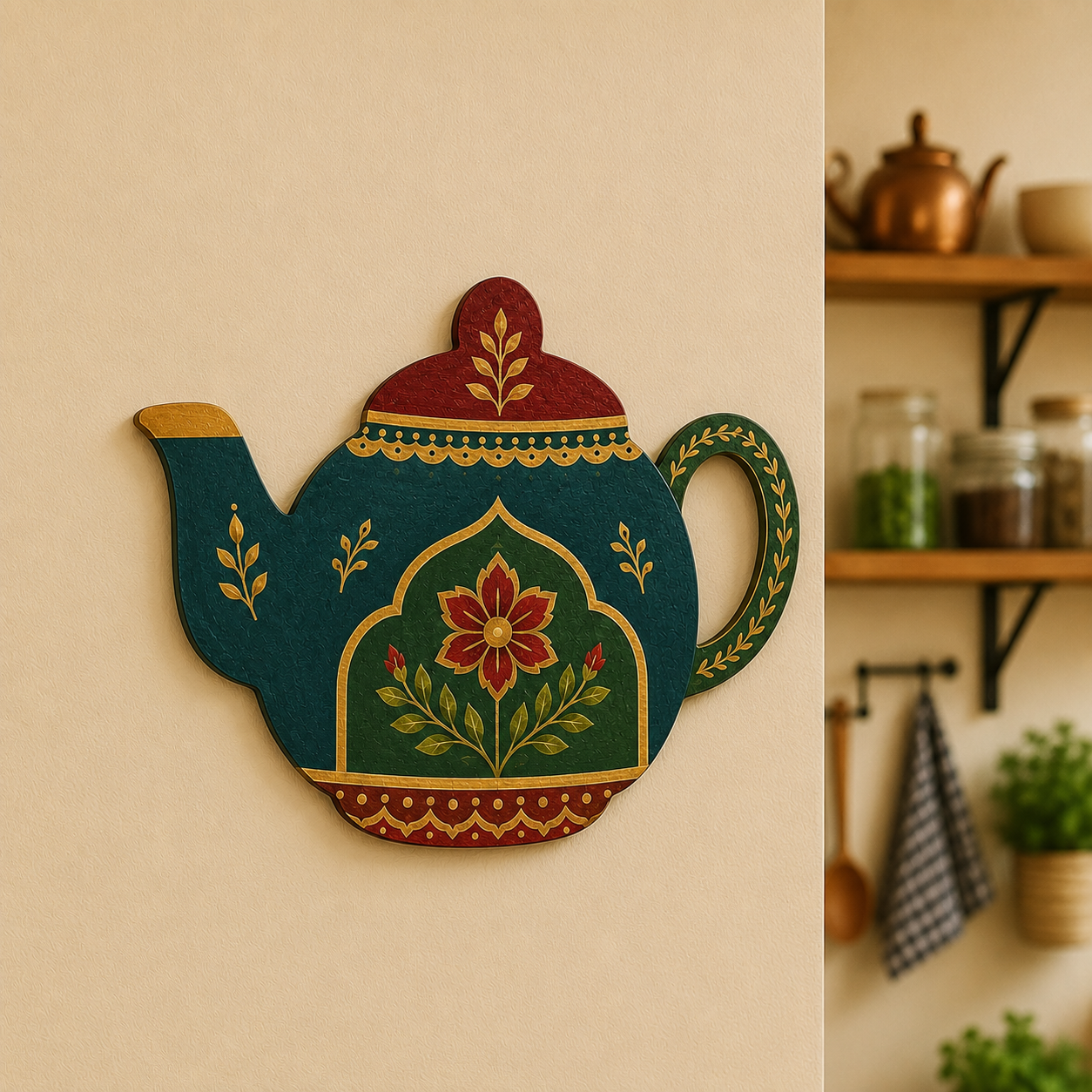 Decorative teapot-shaped MDF wall art with botanical patterns mounted on a warm beige kitchen wall.