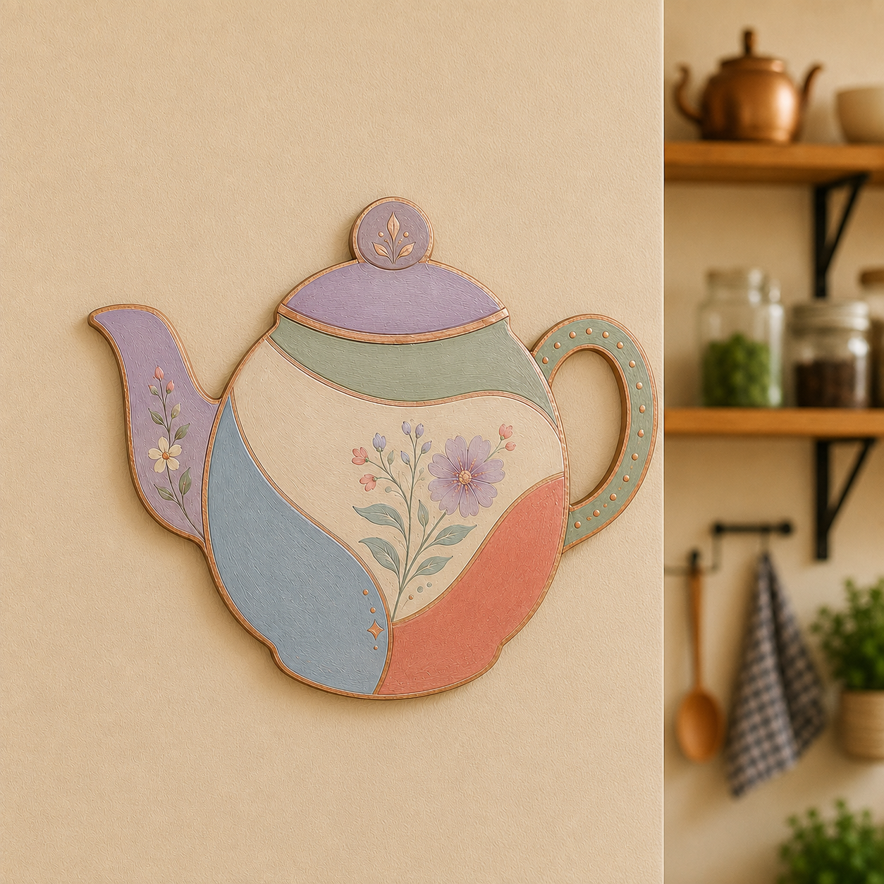 Colorful teapot-shaped MDF wall art with floral folk design mounted on a warm beige kitchen wall.