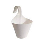 White hanging plastic planter with a curved handle for easy wall or railing mounting.