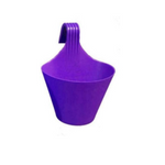 Purple hanging plastic planter with a curved handle for easy wall or railing mounting.