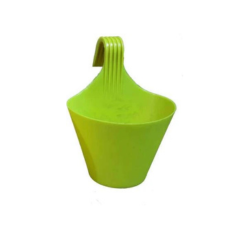 Green hanging plastic planter with a curved handle for easy wall or railing mounting.