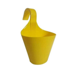 Yellow hanging plastic planter with a curved handle for easy wall or railing mounting