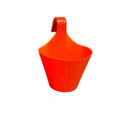 Red hanging plastic planter with a curved handle for easy wall or railing mounting