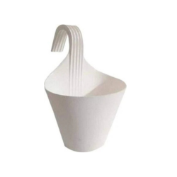 Modern white plastic hanging planter with a sleek curved handle for stylish vertical gardening.