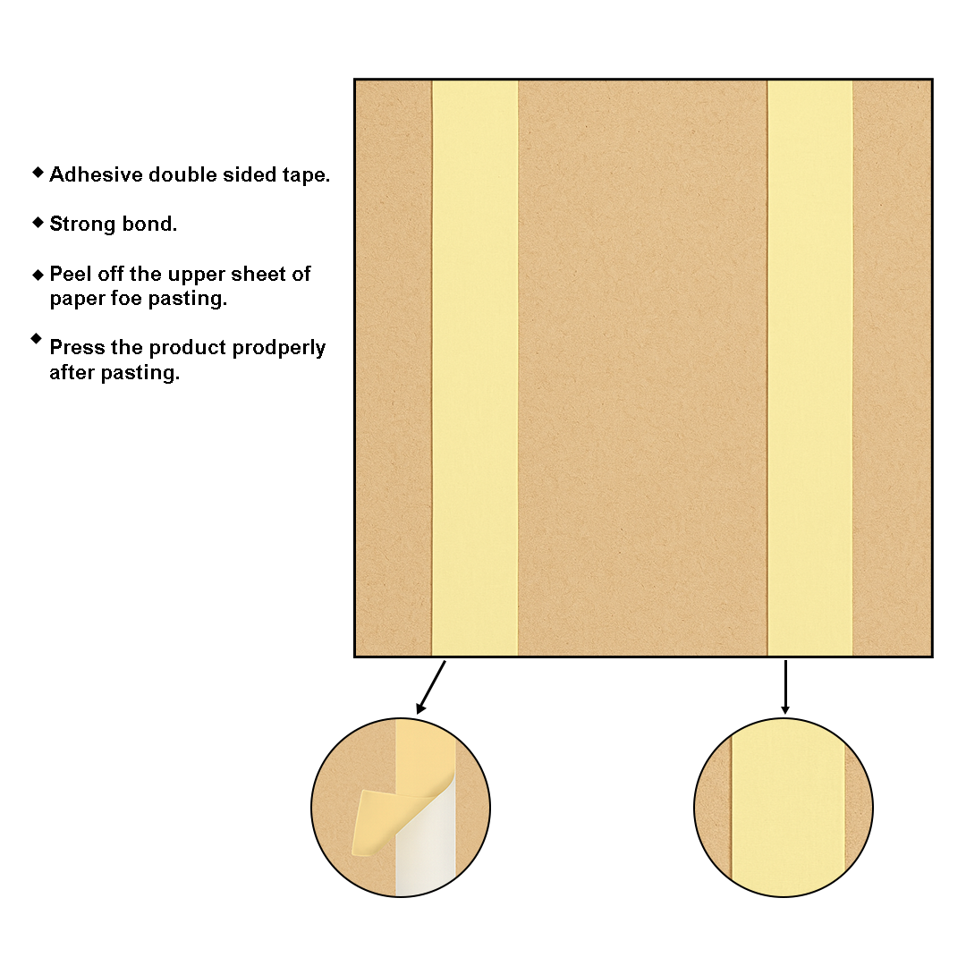 Instruction graphic showing a rectangular product with two circular close-ups and bullet points describing adhesive double-sided tape, strong bonding, peeling the upper sheet of paper for pasting, and pressing the product properly.
