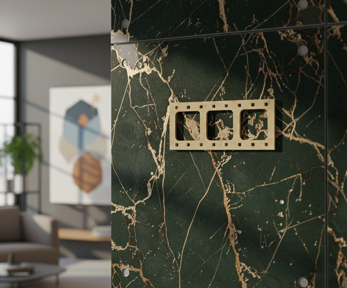 DIY MDF film strip photo frame cutout with three photo windows, craft blank for painting and scrapbook display mounted on wall