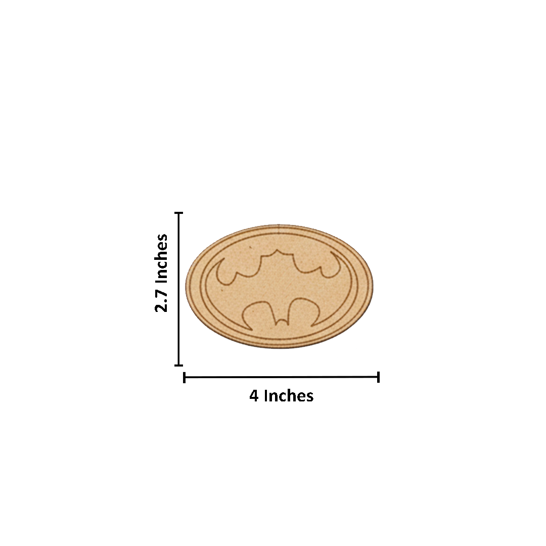 Unpainted DIY MDF Batman logo oval cutout, superhero themed craft piece for kids painting.