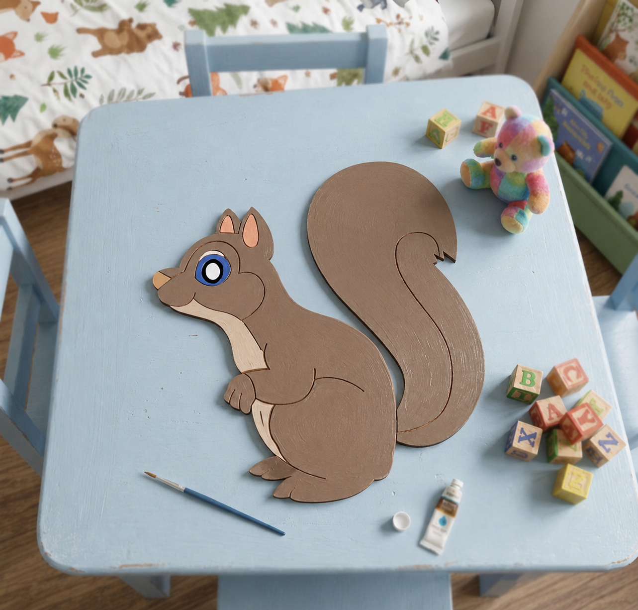 Children's craft project with a MDF DIY squirrel cutout on a table, surrounded by paint, brushes, and blocks.