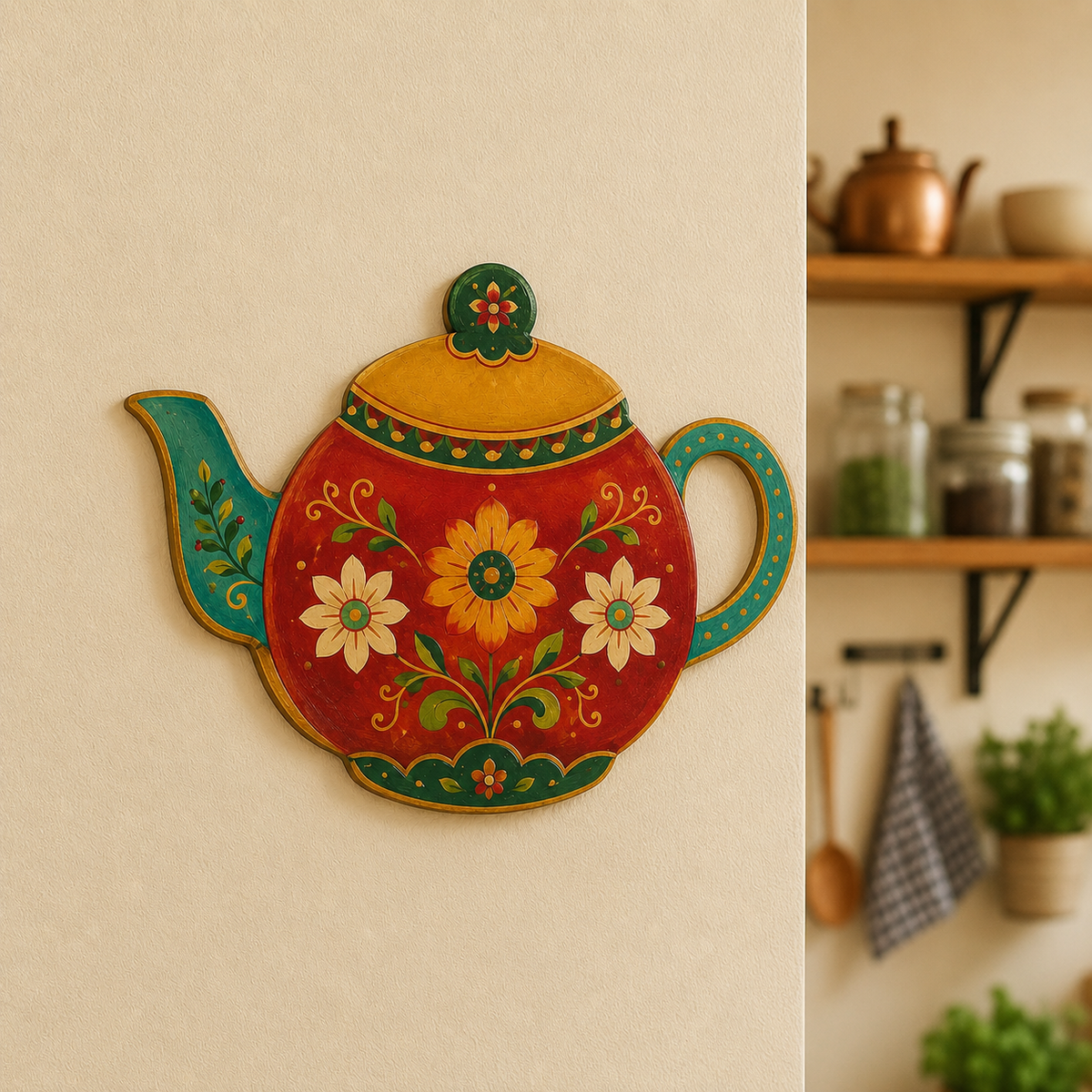 Colorful teapot-shaped MDF wall art with floral folk design mounted on a warm beige kitchen wall.