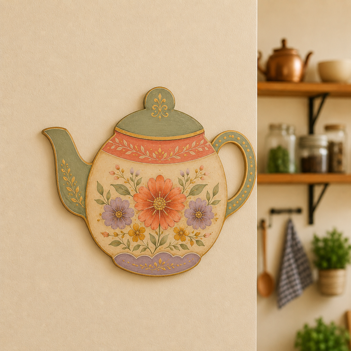 Colorful teapot-shaped MDF wall art with floral folk design mounted on a warm beige kitchen wall.