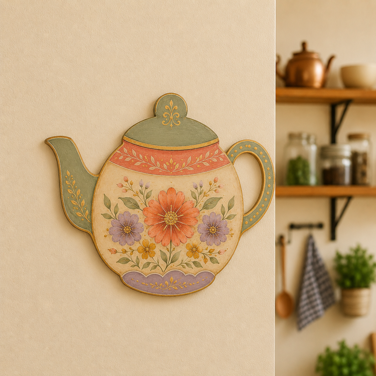 Colorful teapot-shaped MDF wall art with floral folk design mounted on a warm beige kitchen wall.