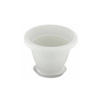 White round plastic planter pot with a matching saucer, ideal for indoor and outdoor gardening.