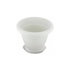 White round plastic planter pot with a matching saucer, ideal for indoor and outdoor gardening.