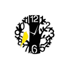 Modern black wall clock with a tree-shaped design featuring numerical cutouts and a bright yellow bird accent.