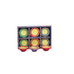 Decorative set of colorful traditional tealight  clay candles arranged in a festive box, ideal for Diwali or festive occasions.